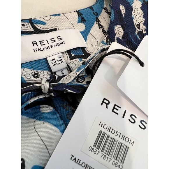 New REISS Size US 0 Split-Neck Printed Dress Blue Multi - Picture 4 of 14